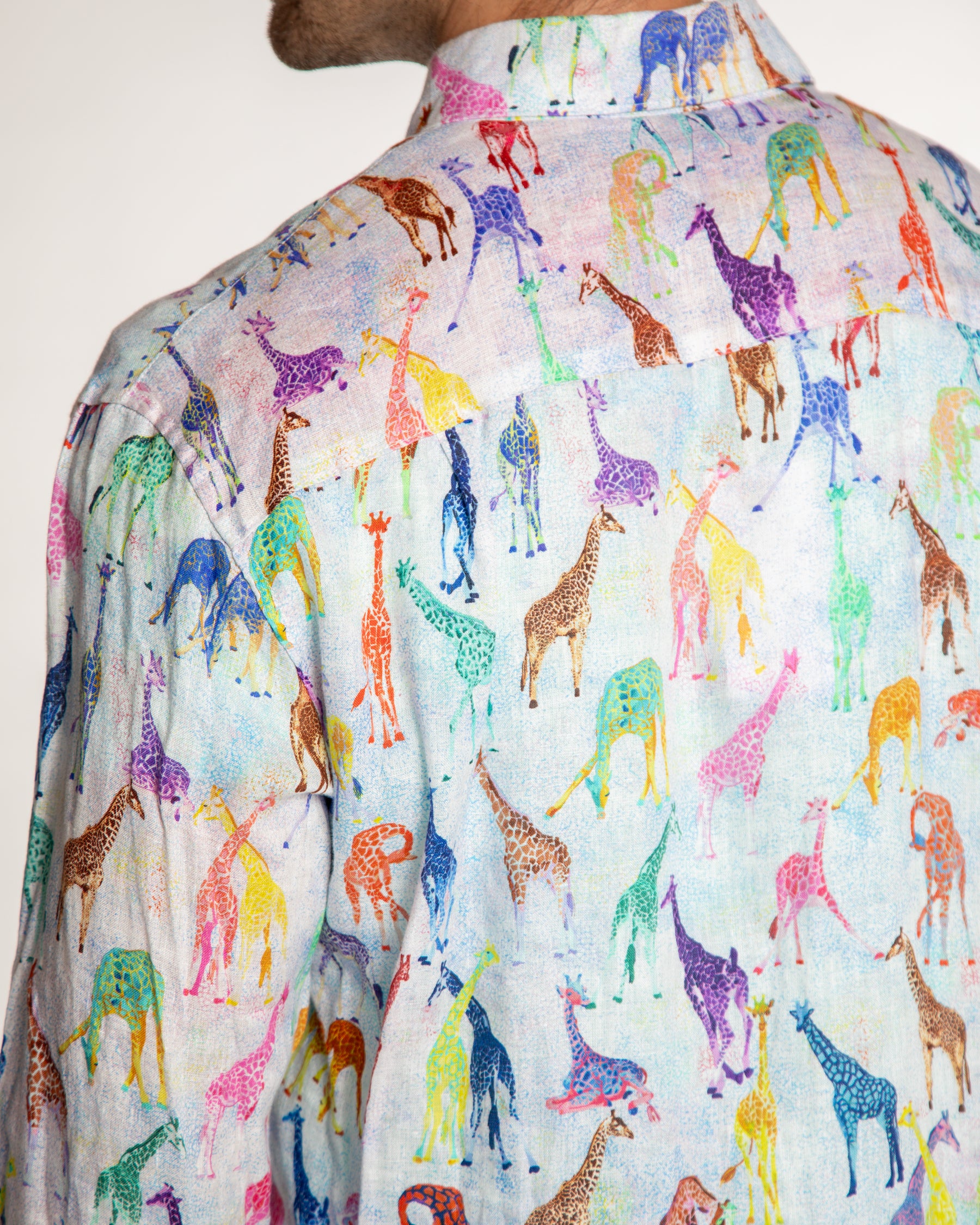 Men's Printed Linen Long Sleeve Shirt - Giraffes Blue