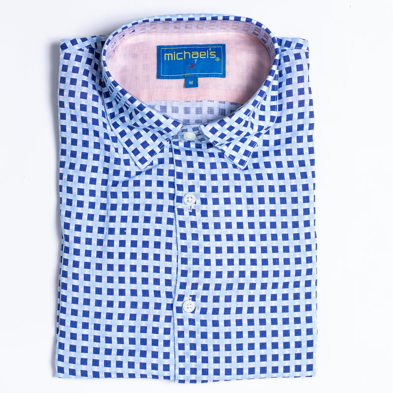 Men's Printed Long Sleeve Linen Shirt - Squares Navy Blue