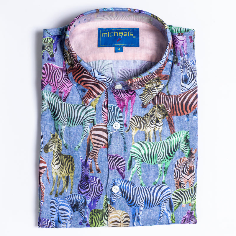 Men's Printed Long Sleeve Linen Shirt - Zebras Multicolored