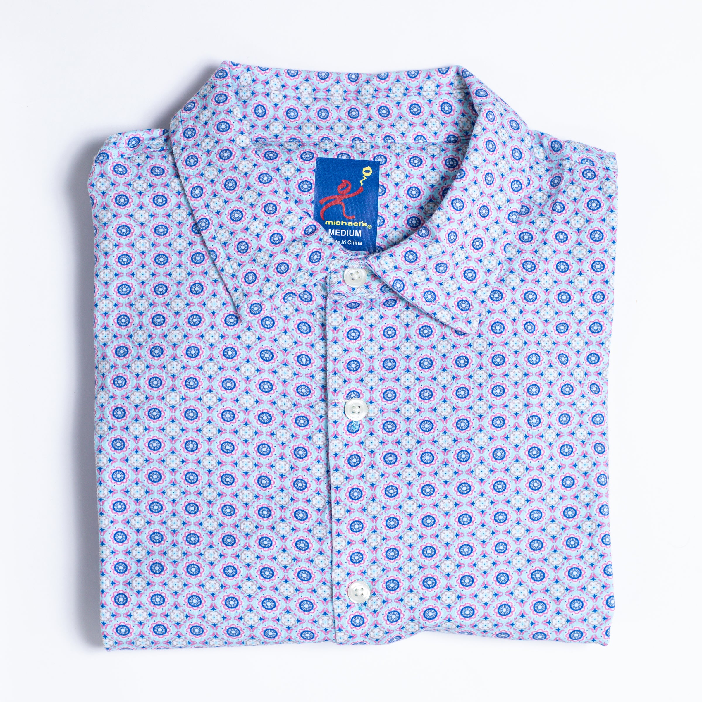 Men's Printed Pima Cotton / Stretch Long Sleeve Shirt - Medallion Aqua/Coral