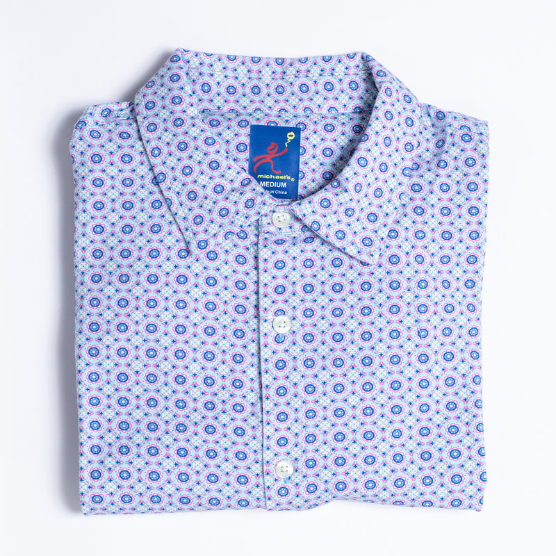 Men's Printed Pima Cotton / Stretch Long Sleeve Shirt - Medallion Aqua/Coral