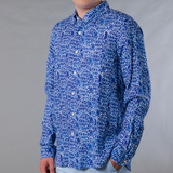 Men's Printed Long Sleeve Linen Shirt - Abstract Fish Navy Blue