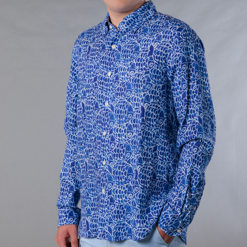 Men's Printed Long Sleeve Linen Shirt - Abstract Fish Navy Blue