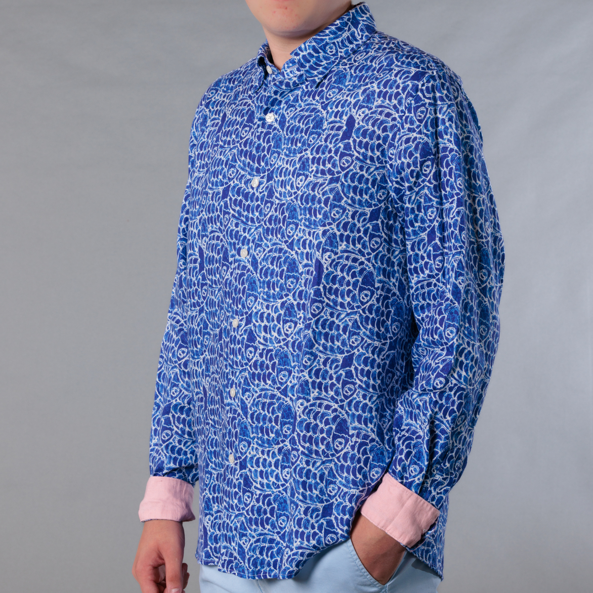 Men's Printed Long Sleeve Linen Shirt - Abstract Fish Navy Blue