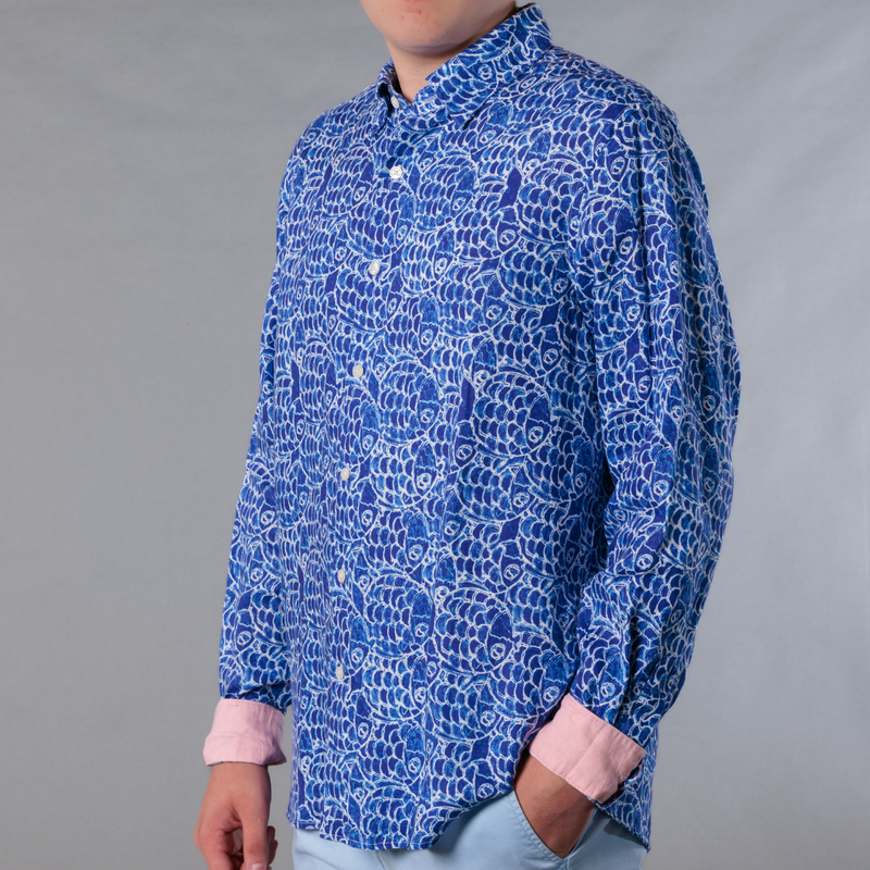 Men's Printed Long Sleeve Linen Shirt - Abstract Fish Navy Blue