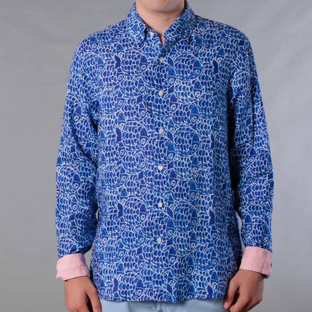 Men's Printed Long Sleeve Linen Shirt - Abstract Fish Navy Blue