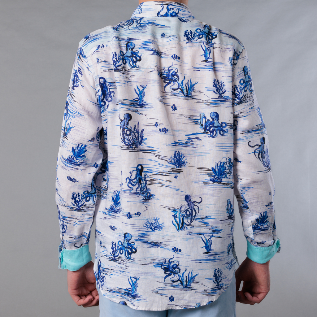 Men's Printed Long Sleeve Linen Shirt - Octopi White