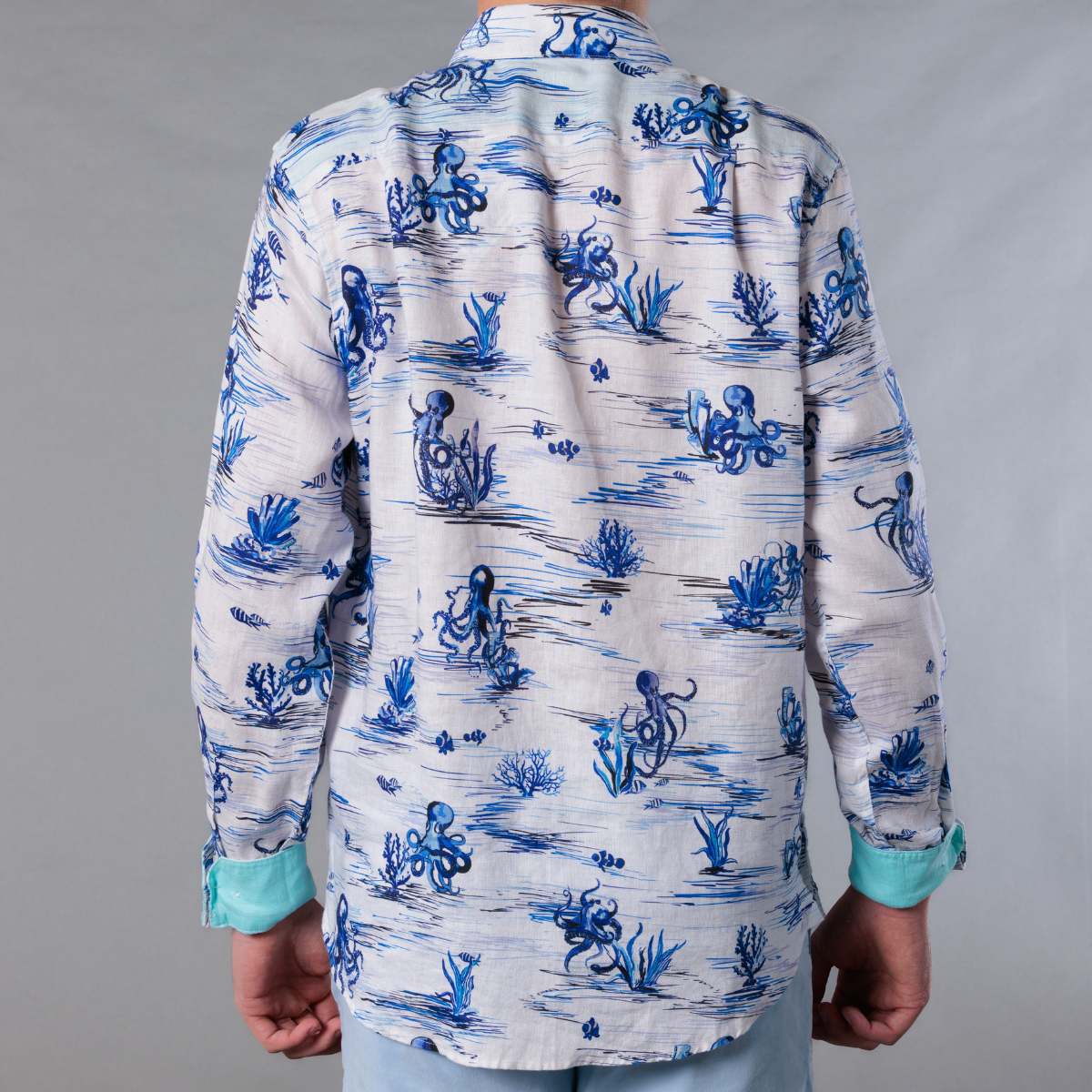 Men's Printed Long Sleeve Linen Shirt - Octopi White