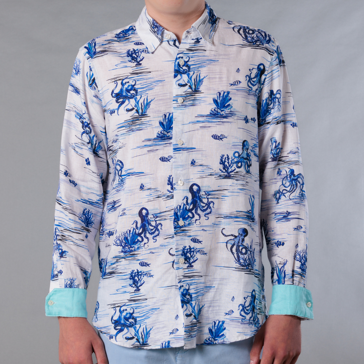 Men's Printed Long Sleeve Linen Shirt - Octopi White
