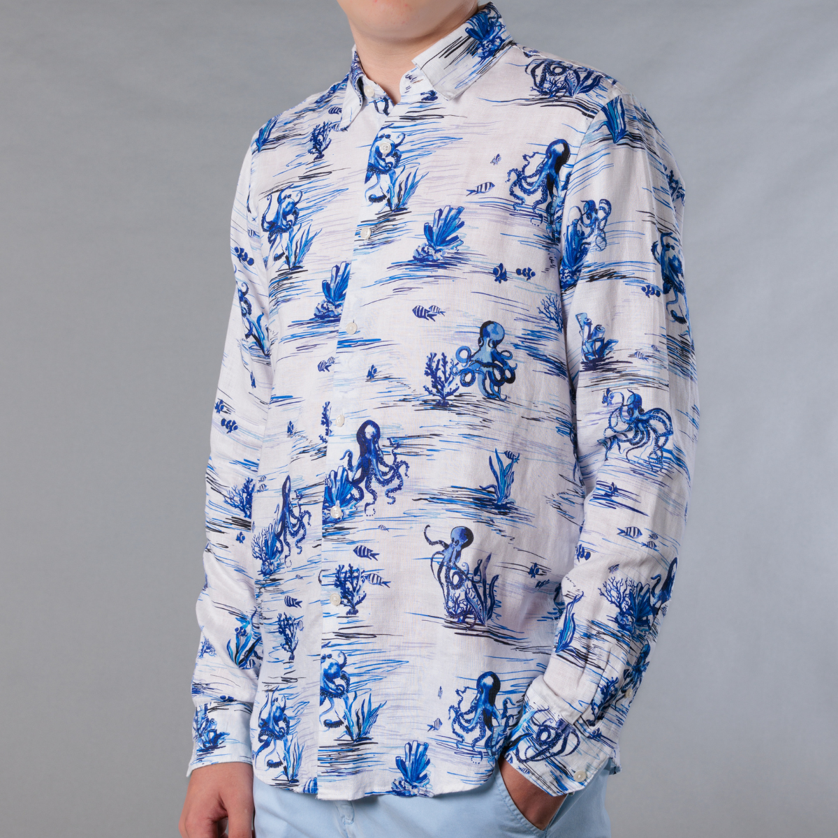 Men's Printed Long Sleeve Linen Shirt - Octopi White