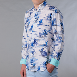 Men's Printed Long Sleeve Linen Shirt - Octopi White
