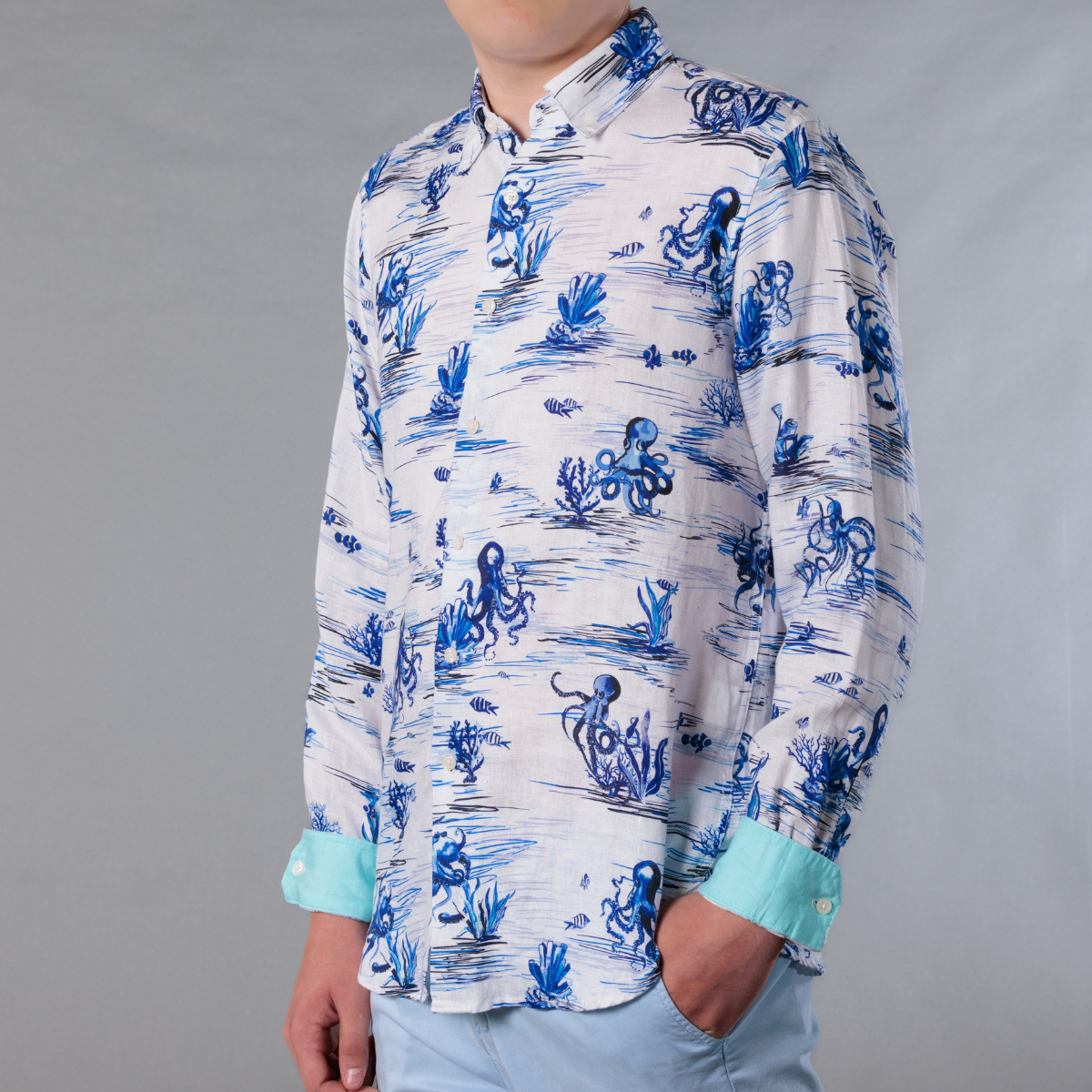 Men's Printed Long Sleeve Linen Shirt - Octopi White