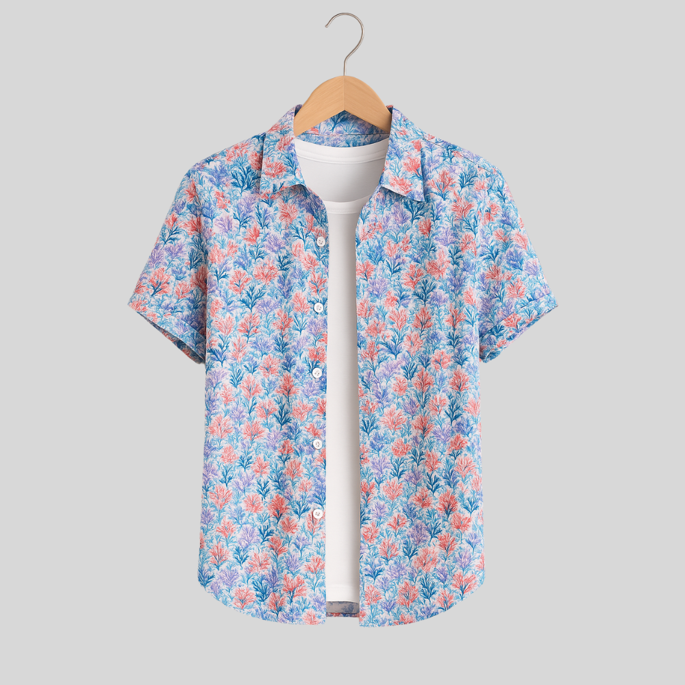 Men's Printed Pima Cotton / Stretch Short Sleeve Shirt - Coral Jungle