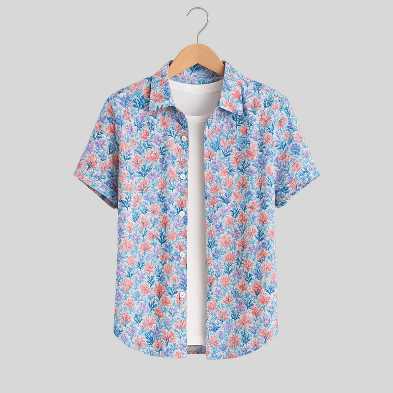 Men's Printed Pima Cotton / Stretch Short Sleeve Shirt - Coral Jungle