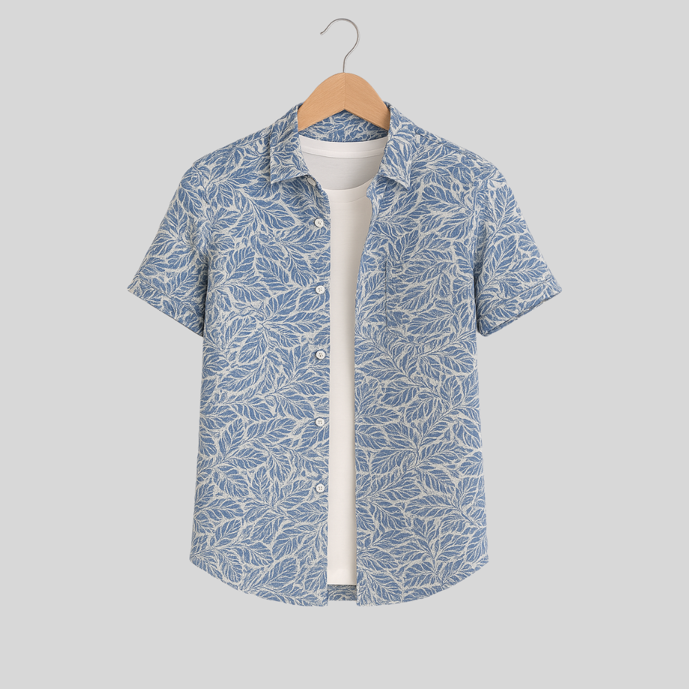 Men's Printed Pima Cotton / Stretch Short Sleeve Shirt - Leaves Navy Blue