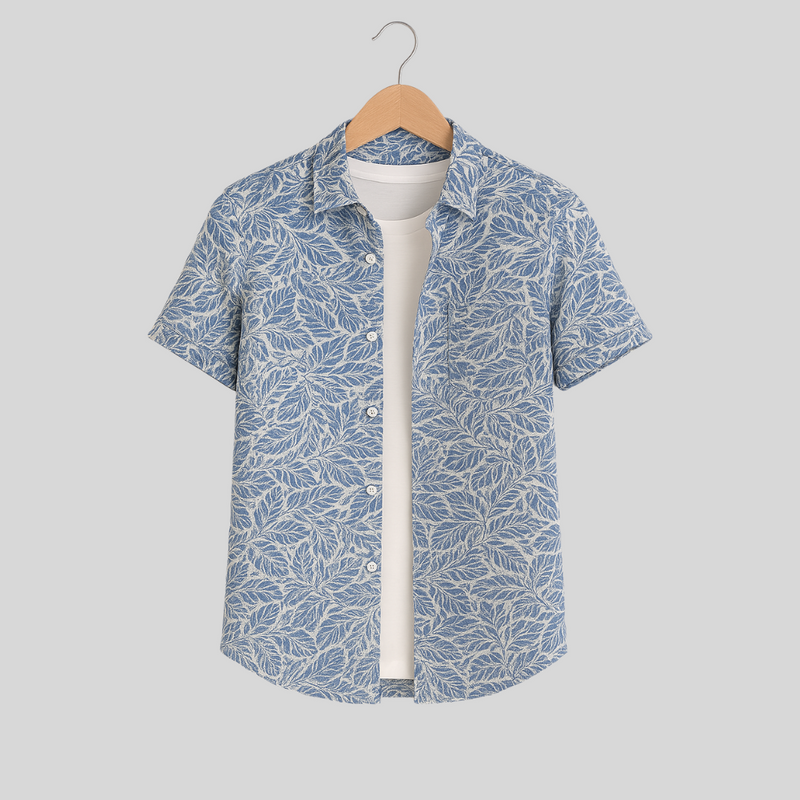 Men's Printed Pima Cotton / Stretch Short Sleeve Shirt - Leaves Navy Blue