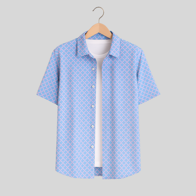 Men's Printed Pima Cotton / Stretch Short Sleeve Shirt - Nautical Mesh Turquoise/Coral