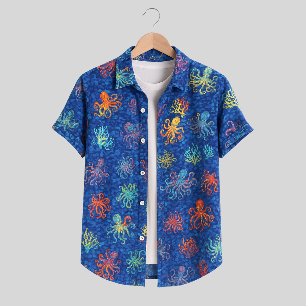 Men's Printed Pima Cotton / Stretch Short Sleeve Shirt - Octopi Garden Navy Blue