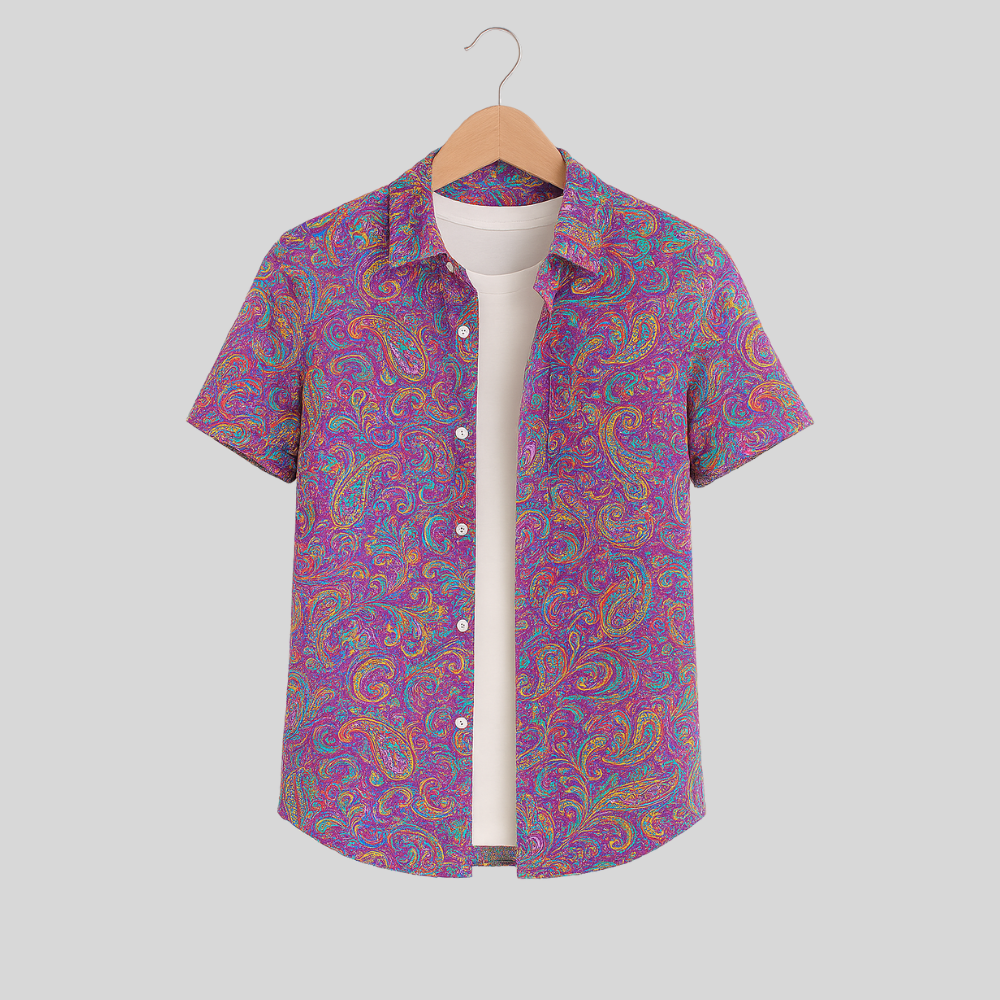 Men's Printed Pima Cotton / Stretch Short Sleeve Shirt - Paisley Lavender