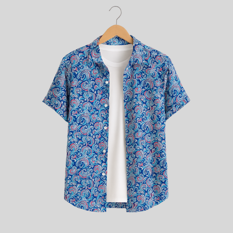 Men's Printed Pima Cotton / Stretch Short Sleeve Shirt - Persian Royal Blue