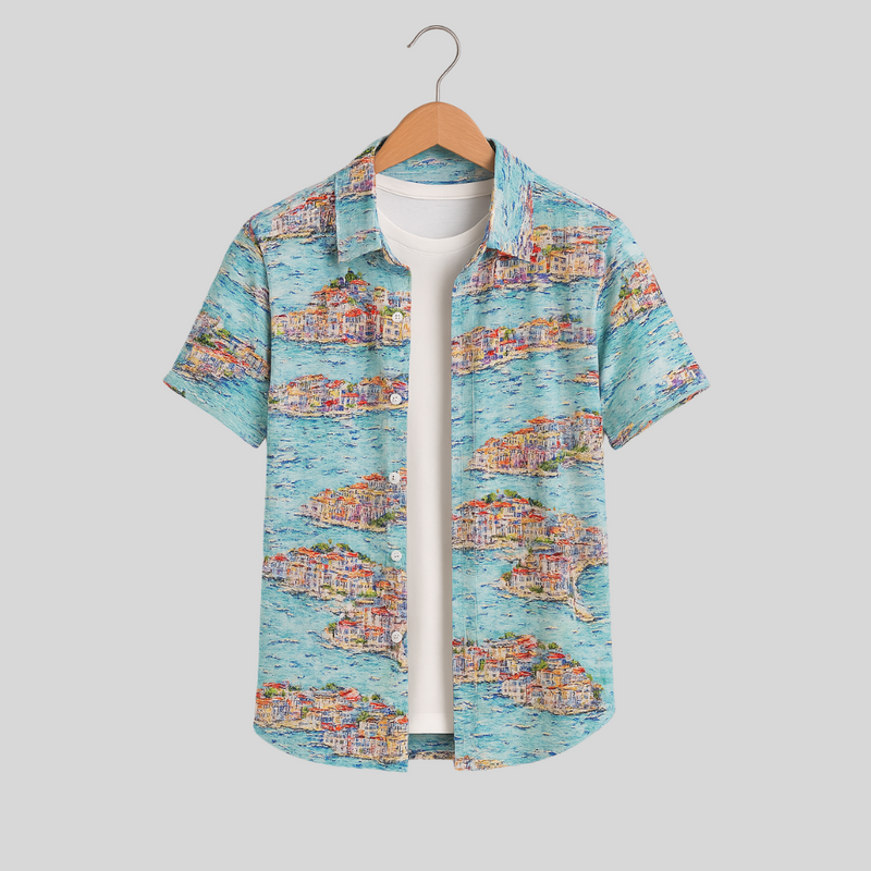 Men's Printed Pima Cotton / Stretch Short Sleeve Shirt - Portofino Multicolored