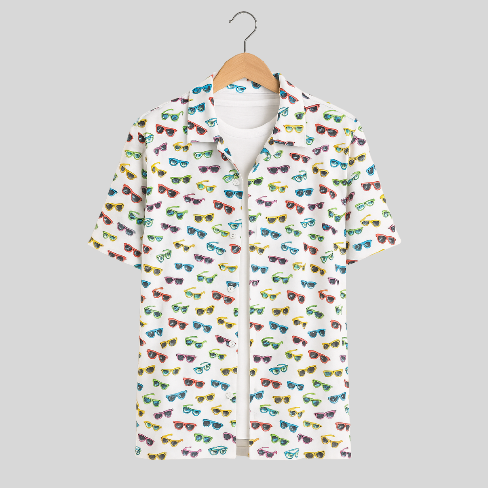 Men's Printed Pima Cotton / Stretch Short Sleeve Shirt - Sunglasses White
