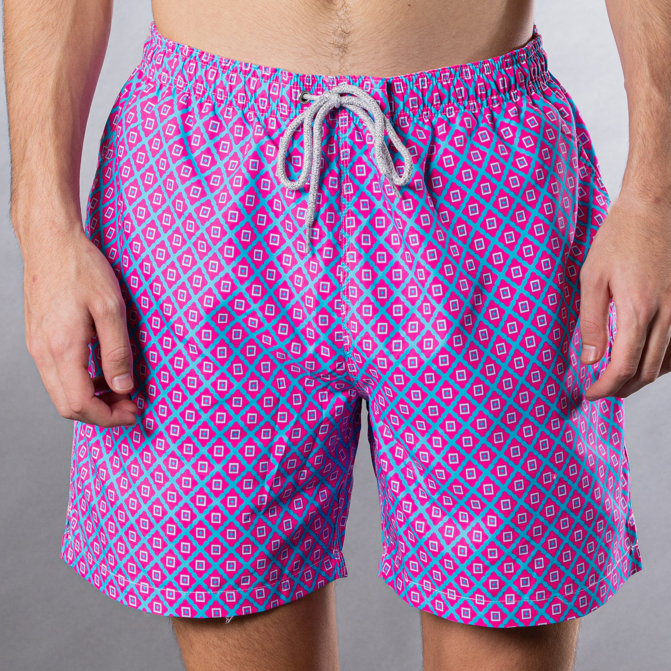 Men's Cyclist Liner Swim Trunks - Diamond Pattern Pink