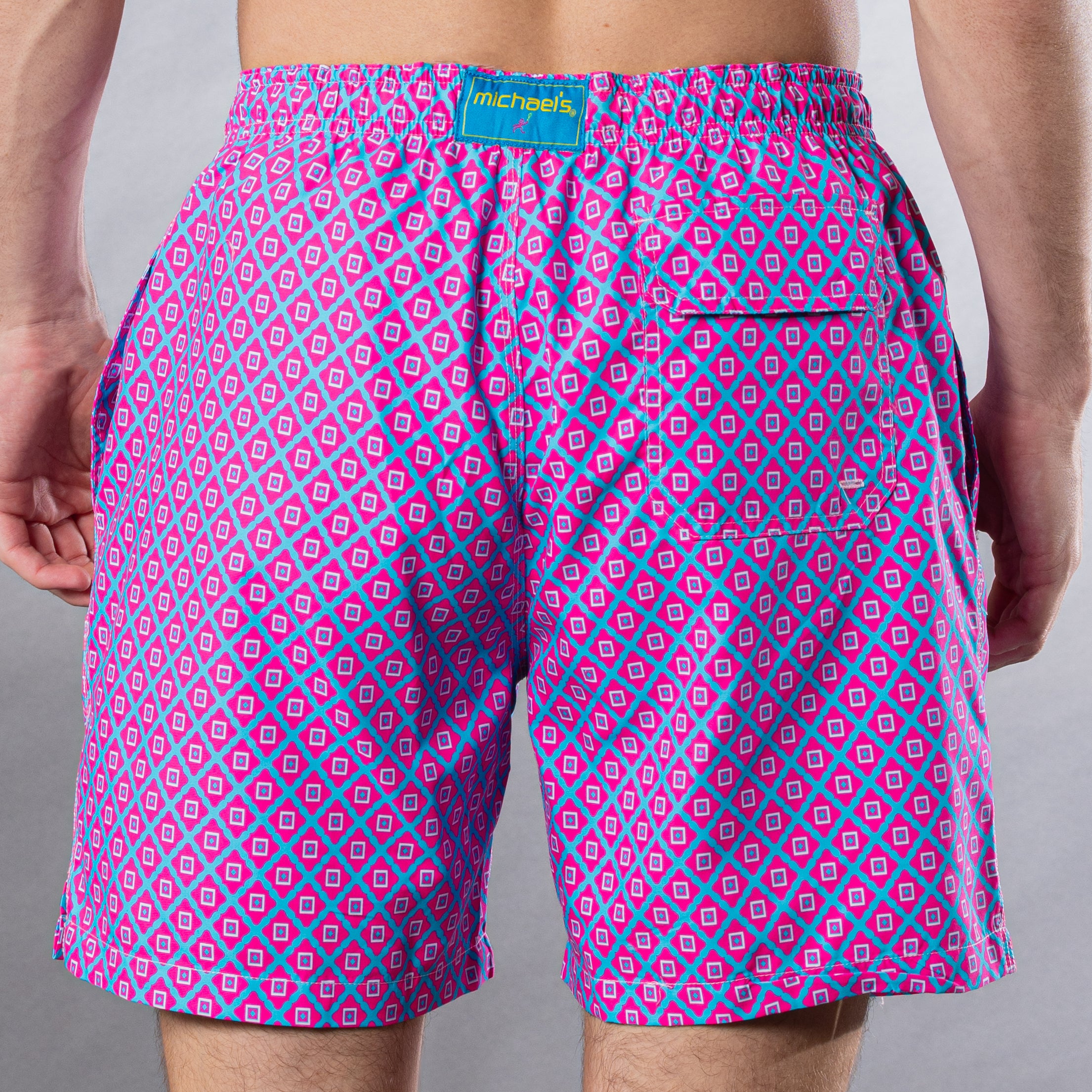 Men's Cyclist Liner Swim Trunks - Diamond Pattern Pink