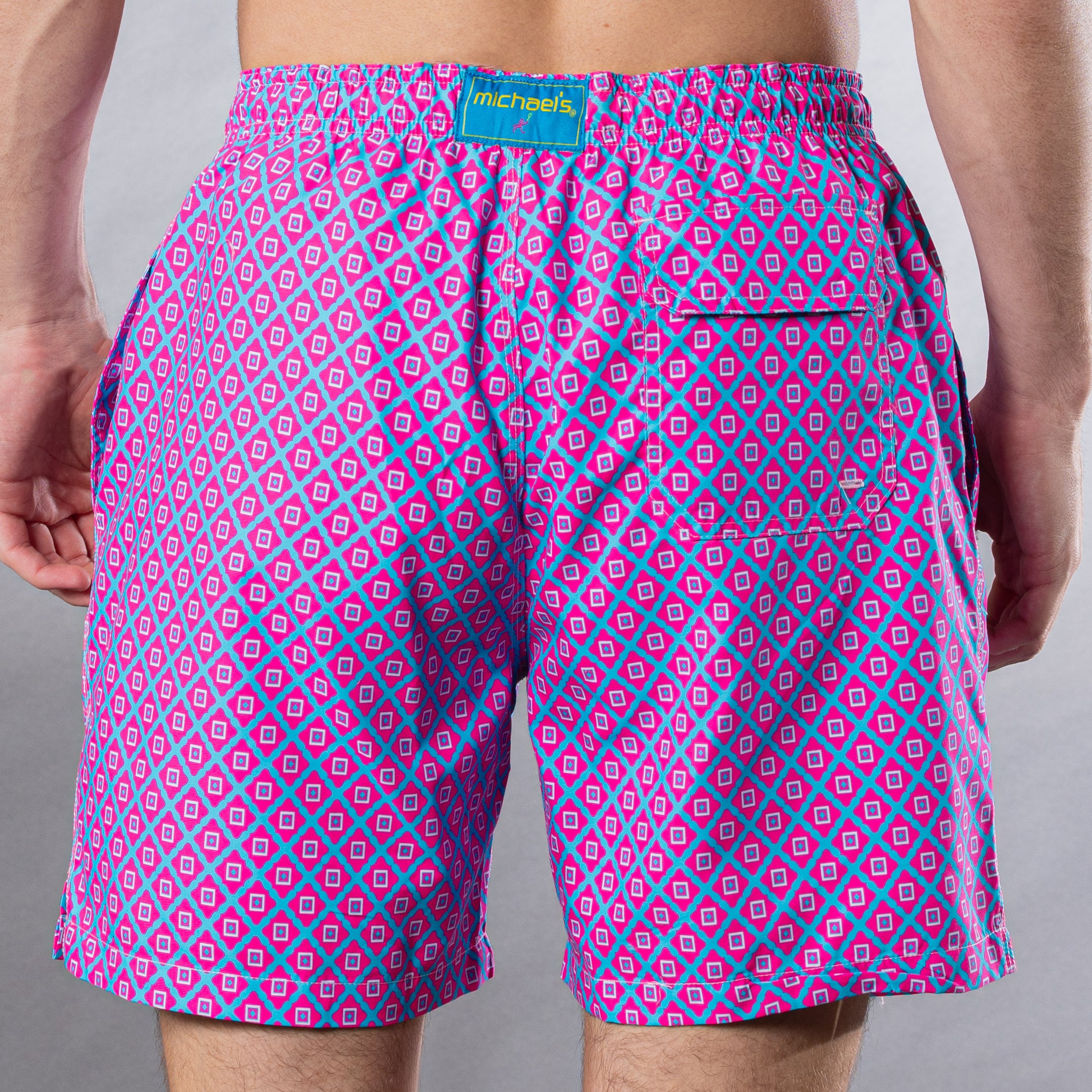 Men's Mesh Liner Swim Trunks - Diamond Pattern Pink