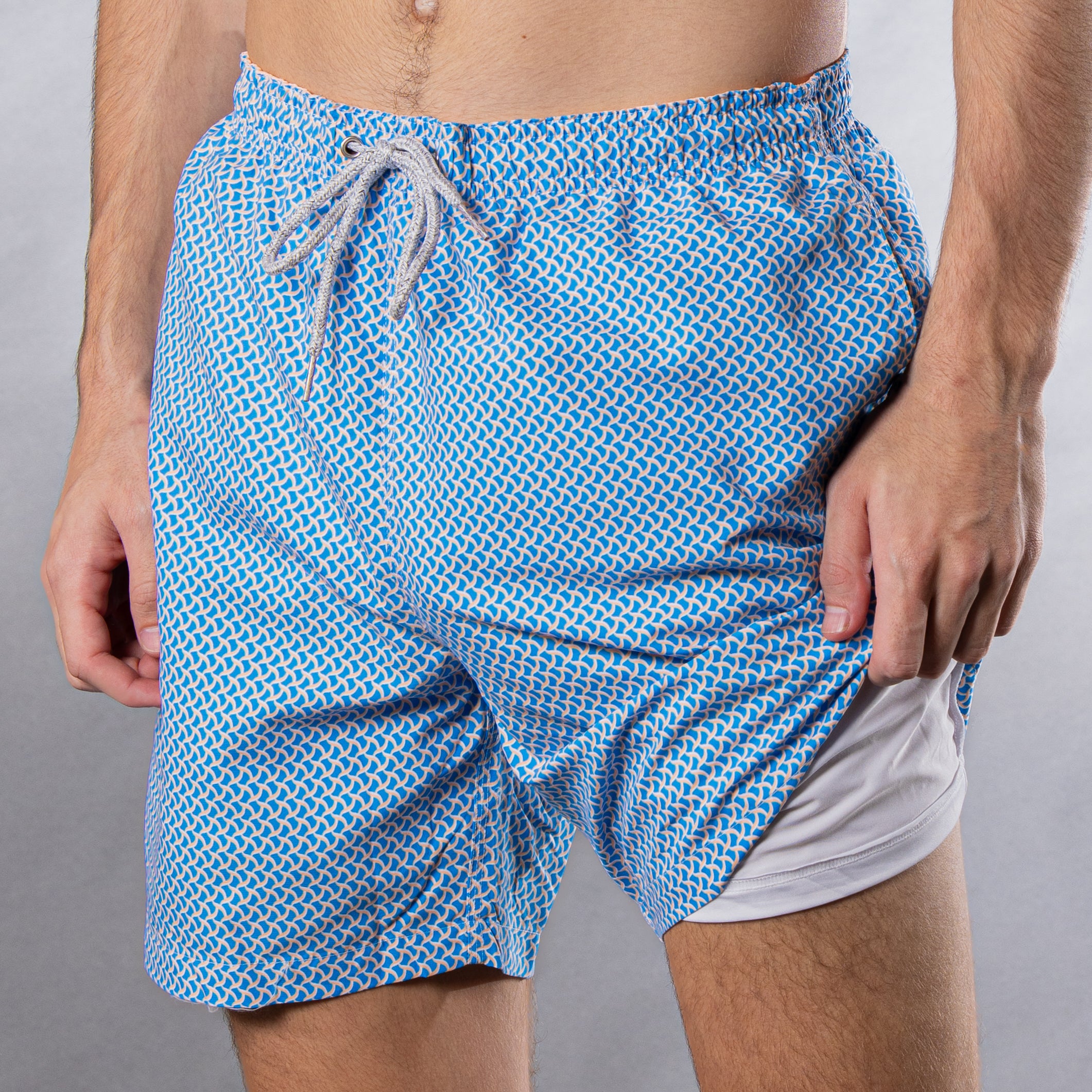 Men's Cyclist Liner Swim Trunks - Wave Print Turquoise/Orange