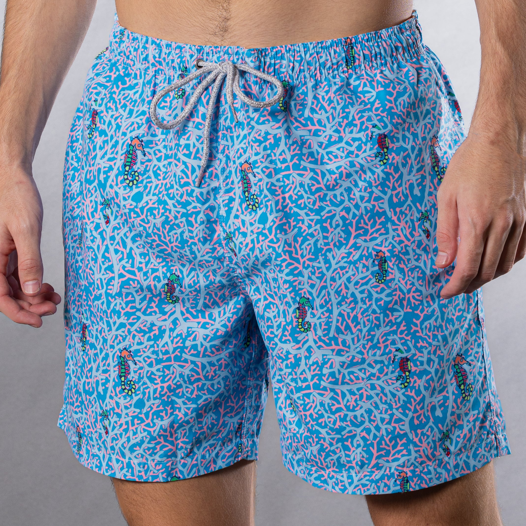 Men's Cyclist Liner Swim Trunks - Rainbow Seahorses Light Blue