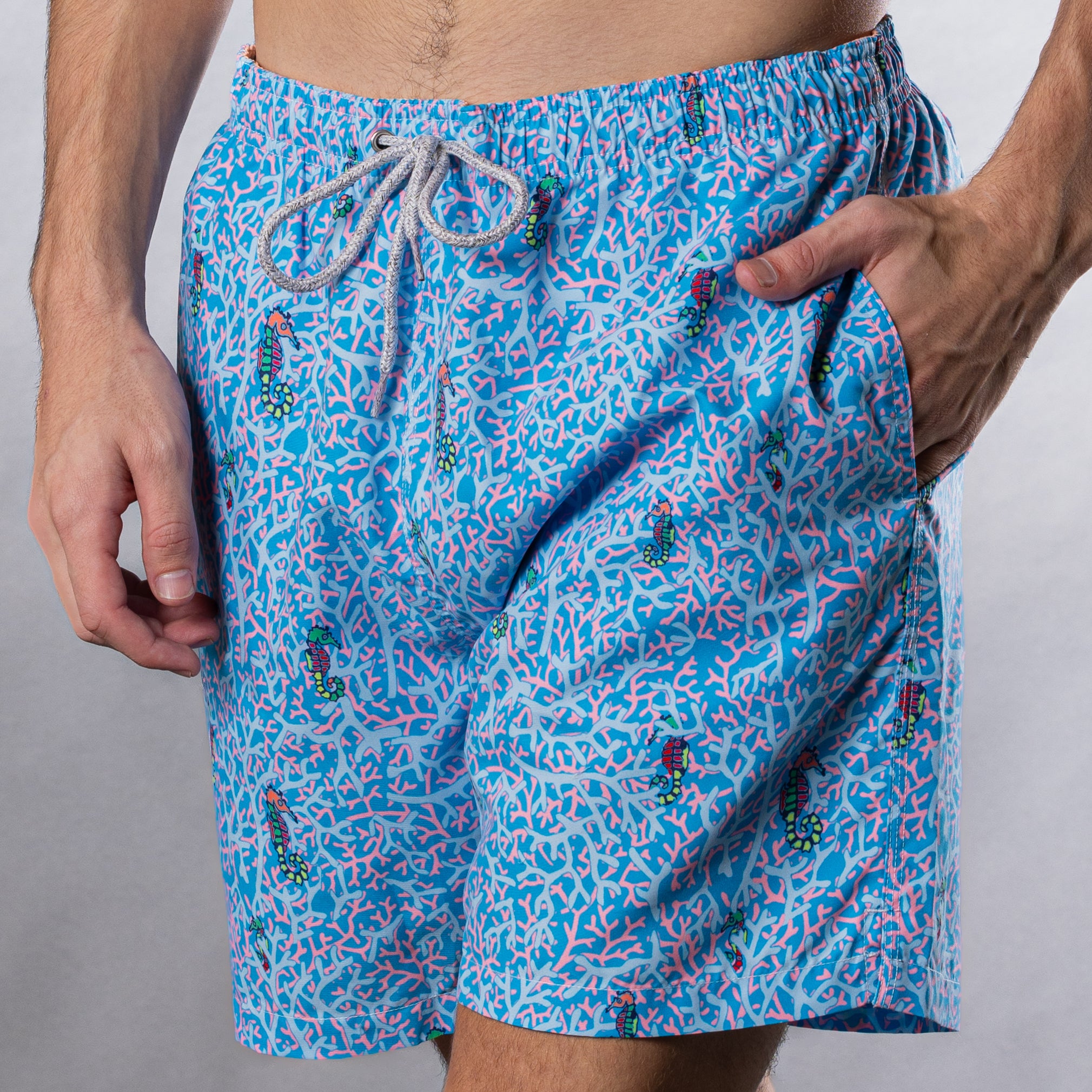 Men's Mesh Liner Swim Trunks - Rainbow Seahorses Light Blue