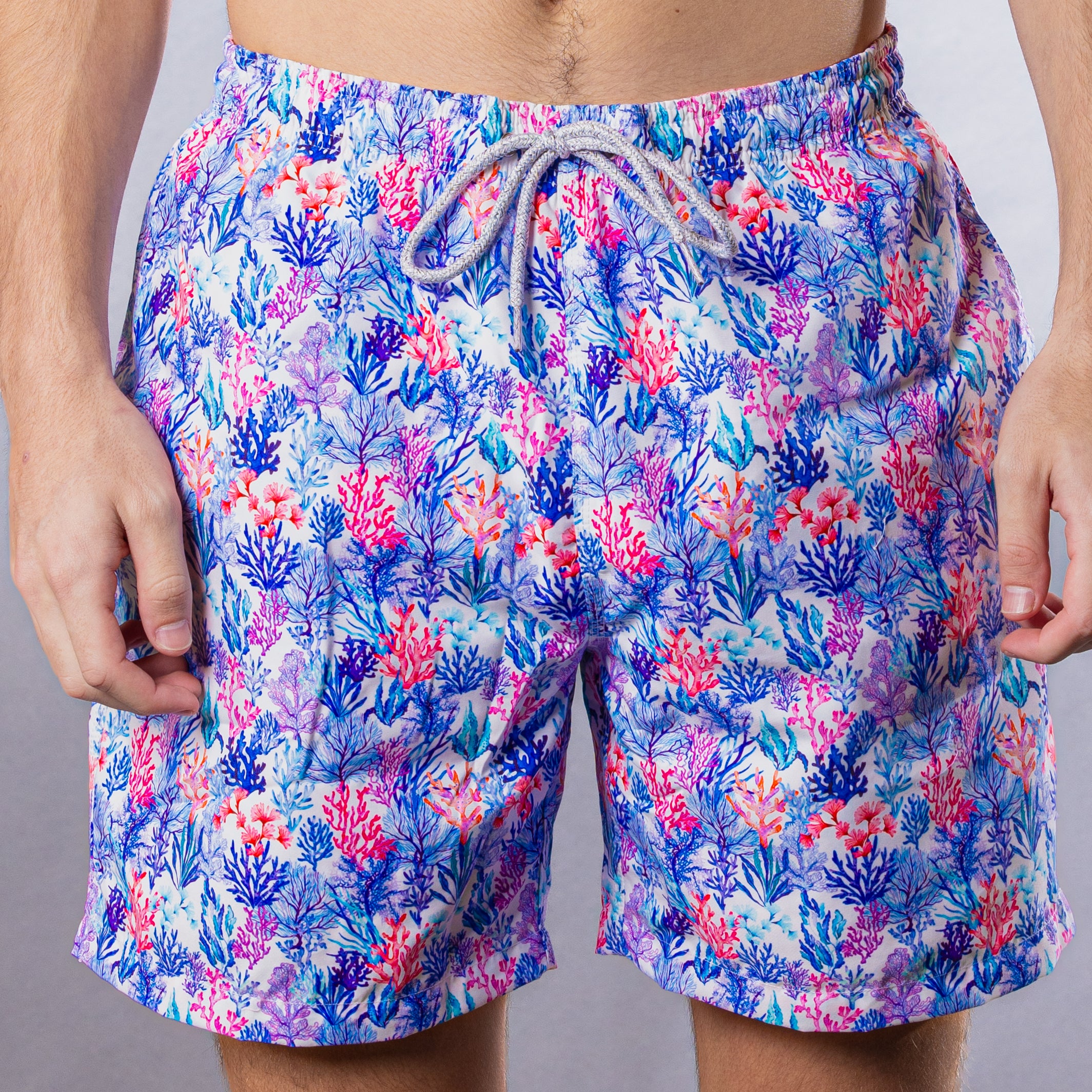 Men's Mesh Liner Swim Trunks - Coral Jungle White