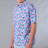 Men's Printed Pima Cotton / Stretch Full Button Front Shirt - Coral Jungle White