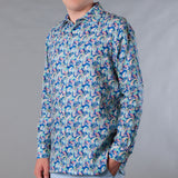 Men's Printed Linen Long Sleeve Shirt - Royal Blue Persian