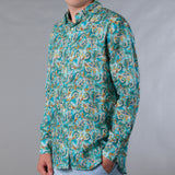 Men's Printed Linen Long Sleeve Shirt - Aqua Bohemia