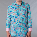 Men's Printed Linen Long Sleeve Shirt - Multicolored Santorini