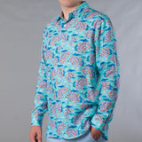 Men's Printed Linen Long Sleeve Shirt - Multicolored Santorini