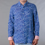 Men's Printed Linen Long Sleeve Shirt - Navy Blue Abstarct Fish