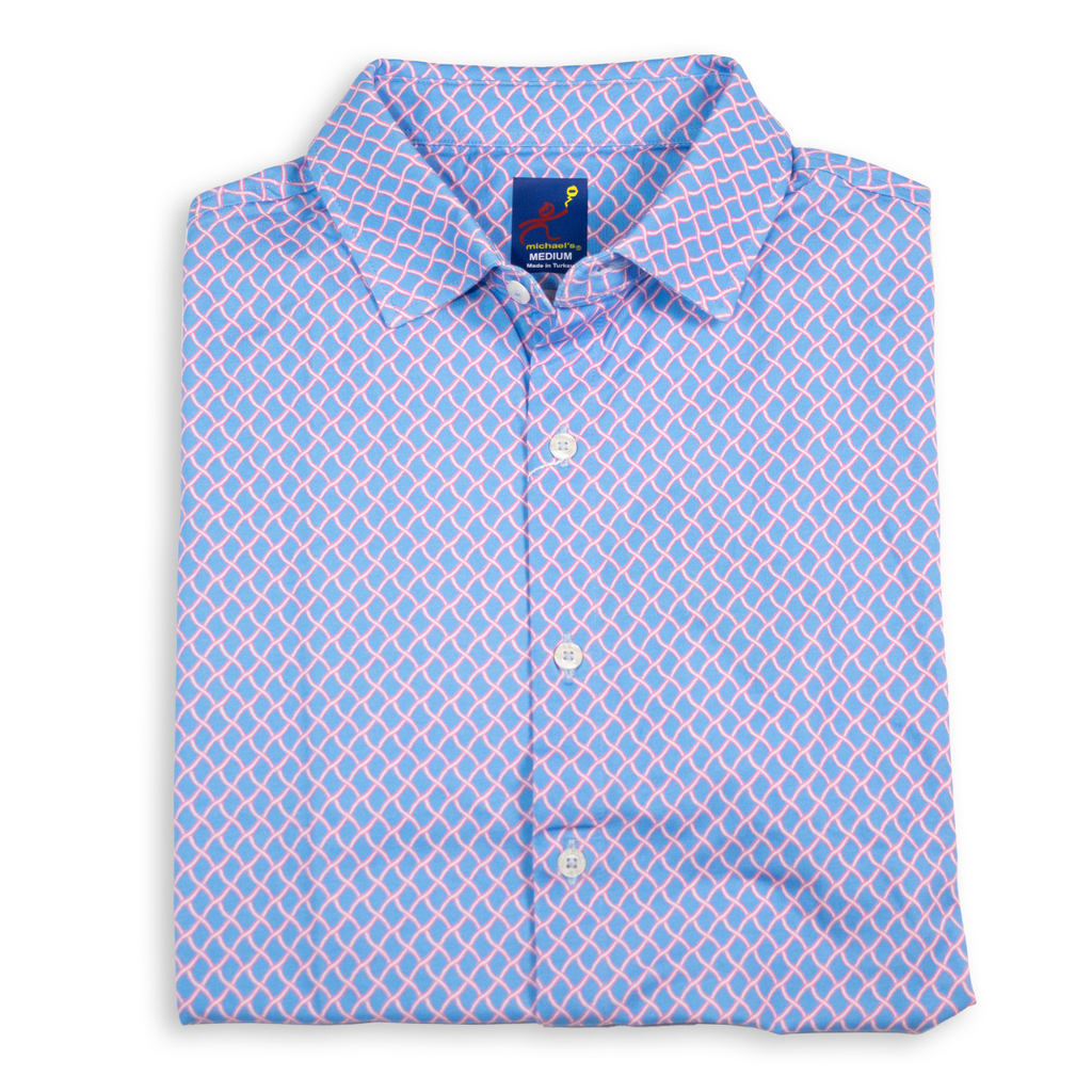 Men's Printed Pima Cotton / Stretch Short Sleeve Shirt - Nautical Mesh Turquoise/Coral