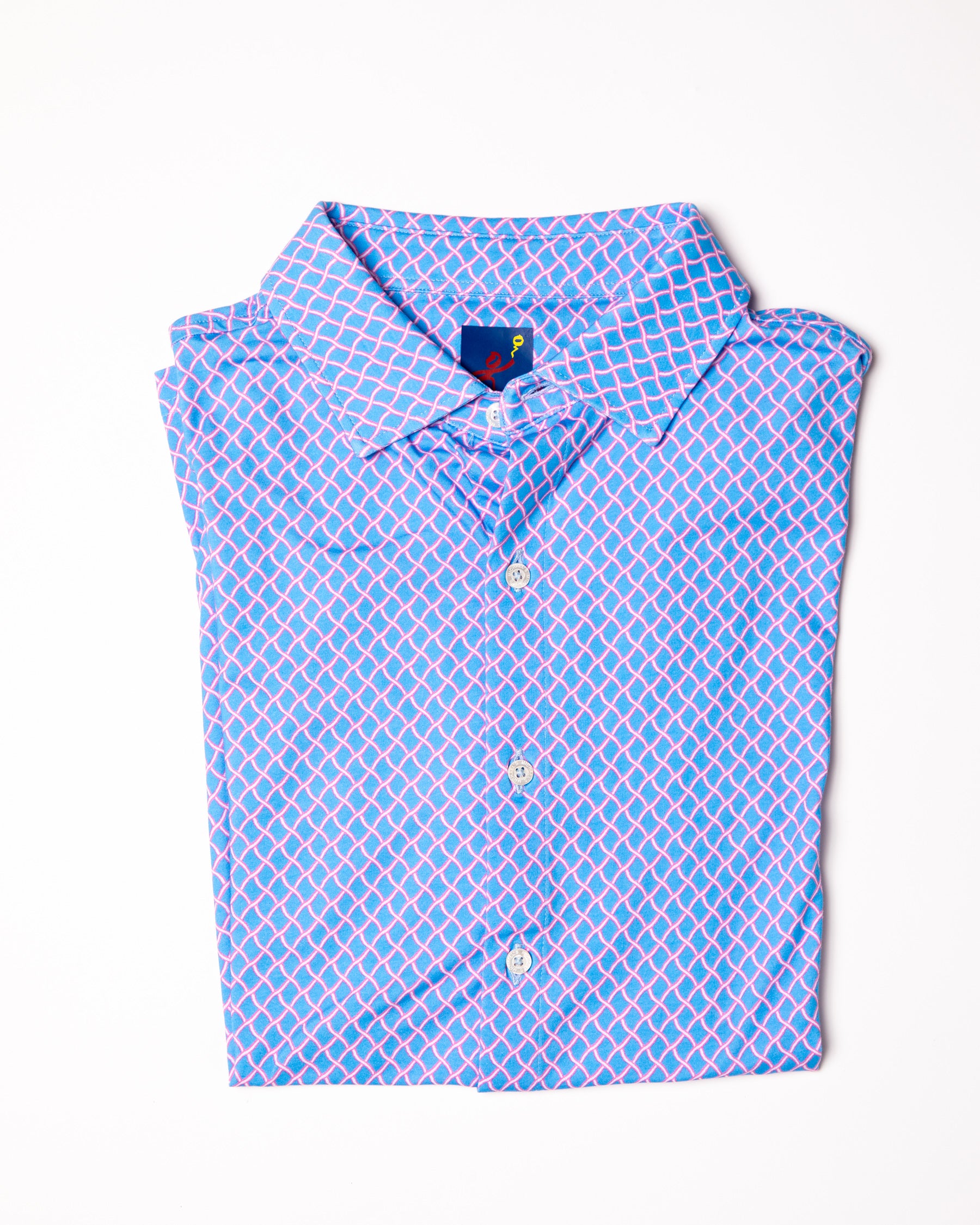 Men's Printed Pima Cotton Short Sleeve Shirt - Nautical Mesh Turquoise/Coral