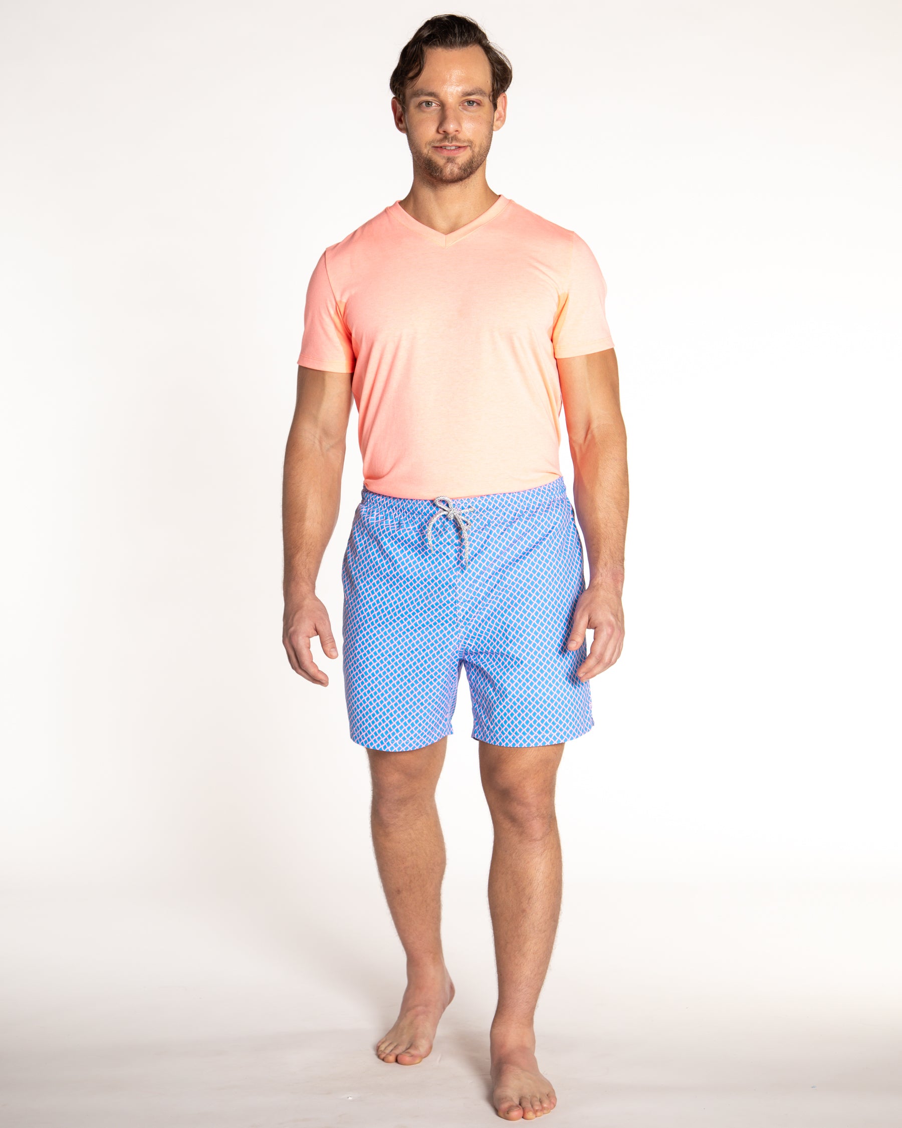 Men's Cyclist Liner Swim Trunks - Nautical Mesh Turquoise/Coral