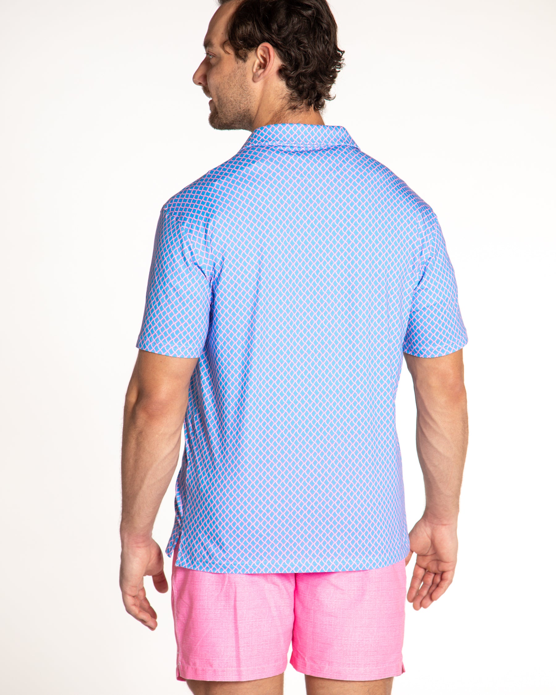 Men's Printed Pima Cotton Short Sleeve Shirt - Nautical Mesh Turquoise/Coral