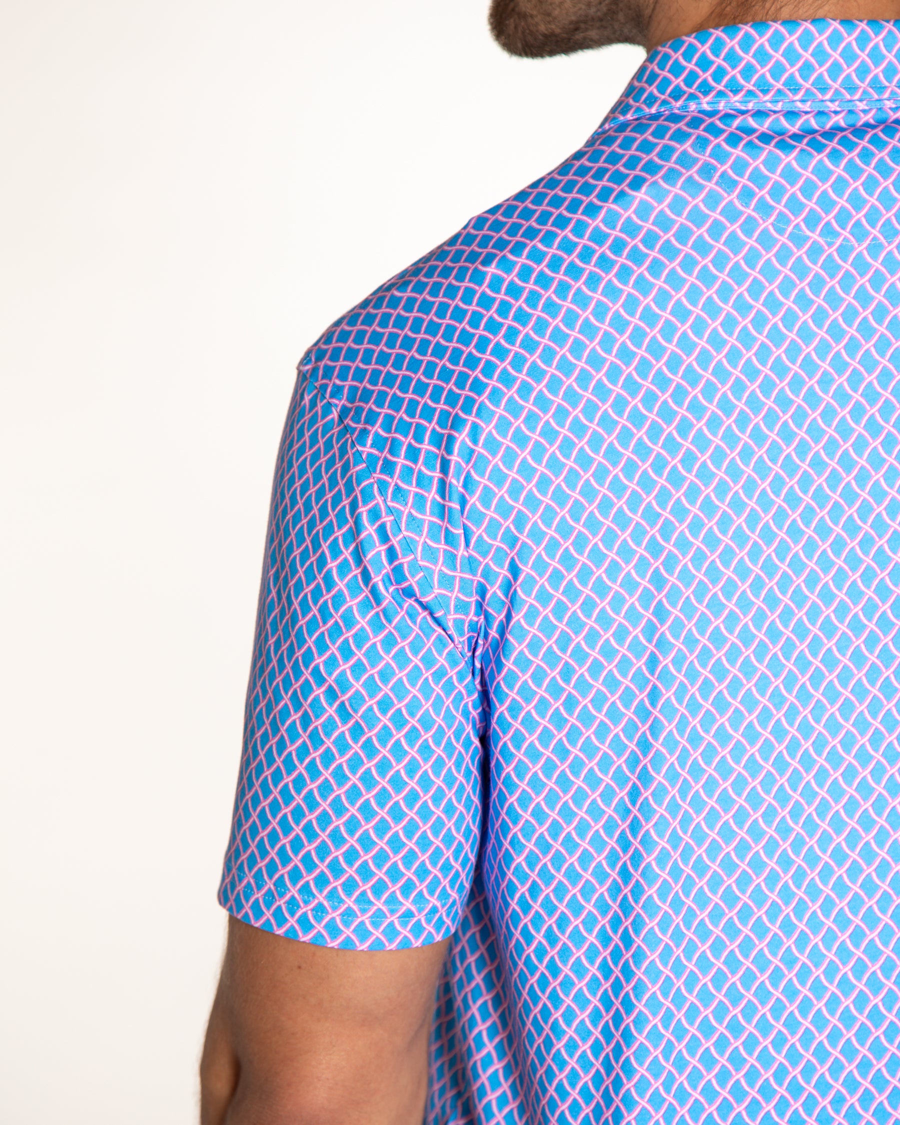 Men's Printed Pima Cotton Short Sleeve Shirt - Nautical Mesh Turquoise/Coral