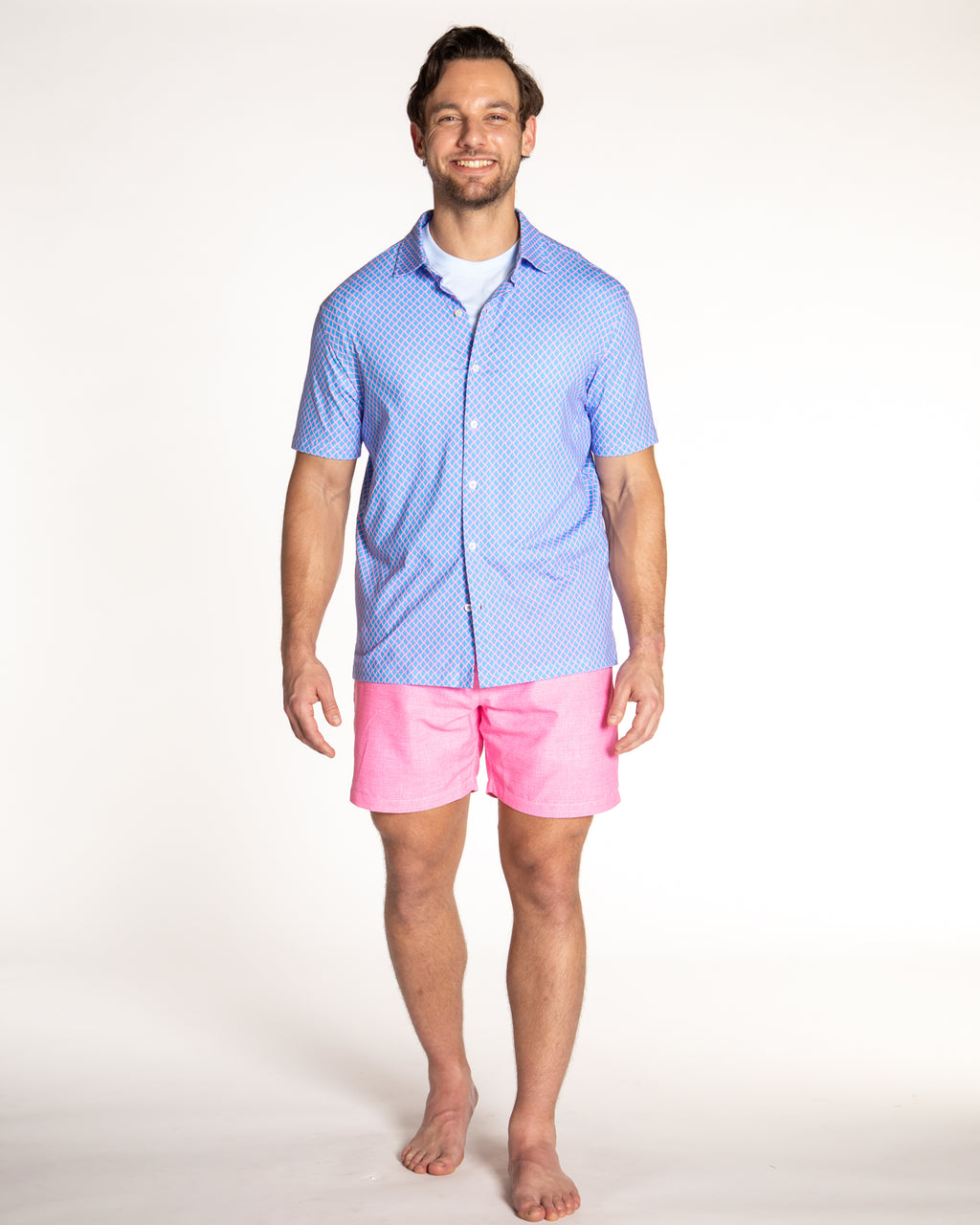 Men's Printed Pima Cotton Short Sleeve Shirt - Nautical Mesh Turquoise/Coral