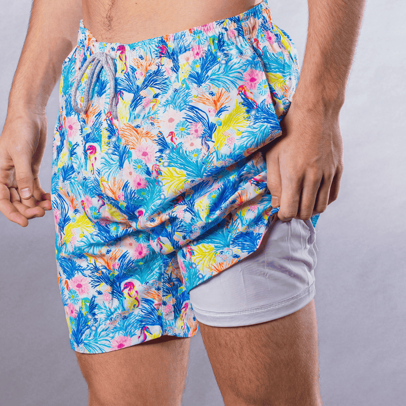 Men's Cyclist Liner Swim Trunks - New Seahorses White