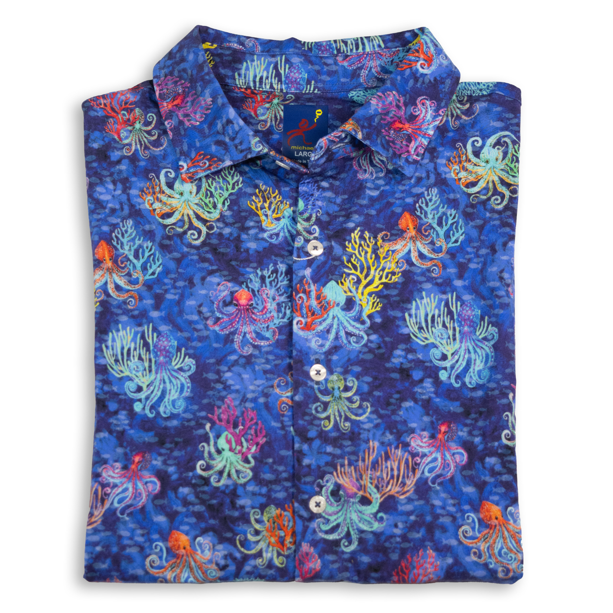 Men's Printed Pima Cotton / Stretch Short Sleeve Shirt - Octopi Garden Navy Blue