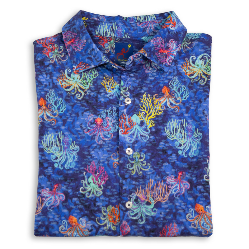 Men's Printed Pima Cotton / Stretch Short Sleeve Shirt - Octopi Garden Navy Blue