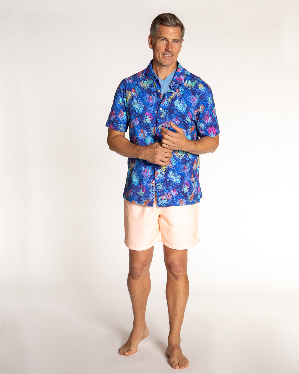 Men's Printed Pima Cotton Short Sleeve Shirt - Octopi Garden Navy