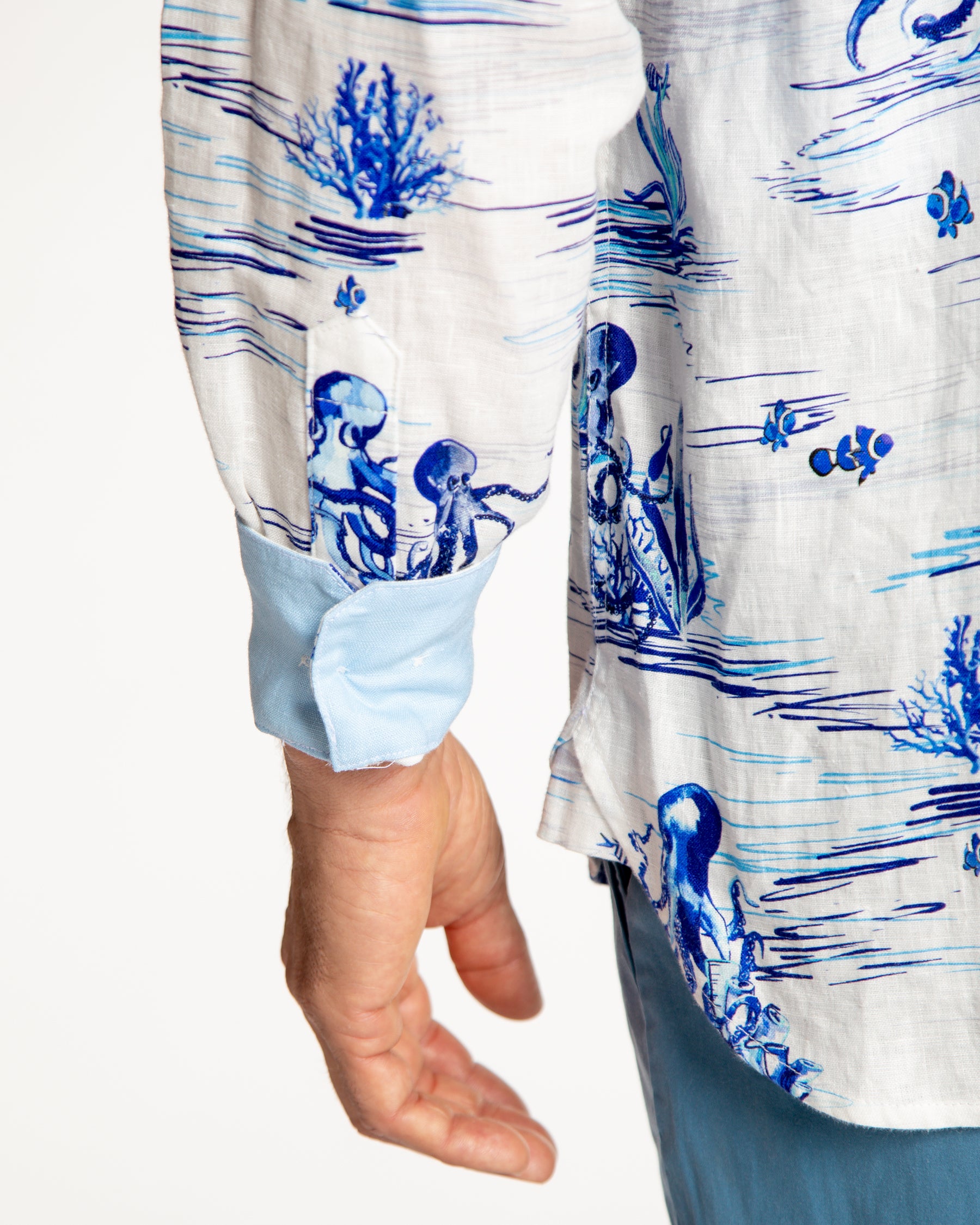 Men's Printed Linen Long Sleeve Shirt - Octopi White